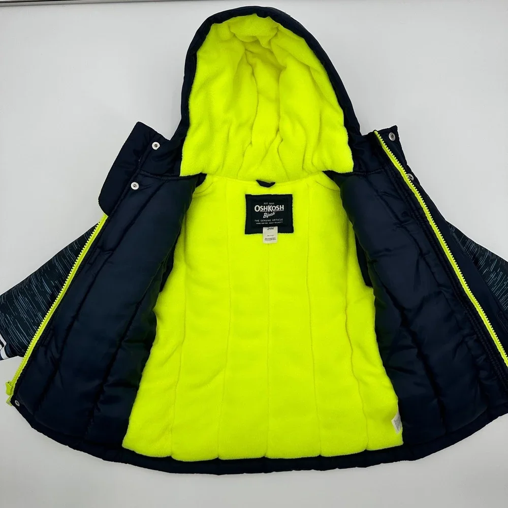 OshKosh B'gosh Navy‎ Blue Neon Yellow Trim Hooded Winter Jacket Kids 24M